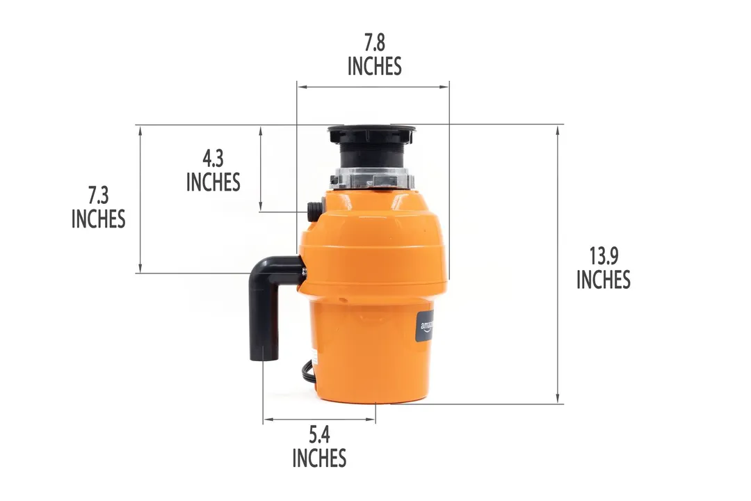 Amazon 3/4-hp disposer with mount assembly and elbow tube. Showing 7.8-inch width, 13.9-inch height, 4.3-inch depth to dishwasher outlet, 7.3-inch depth to outlet, 5.4-inch distance to elbow tube.