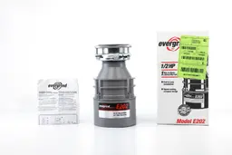 Emerson Evergrind E202 5 1/2 HP Continuous Feed Garbage Disposal, 3-Bolt Mount assembly on top, its box, and user manual.