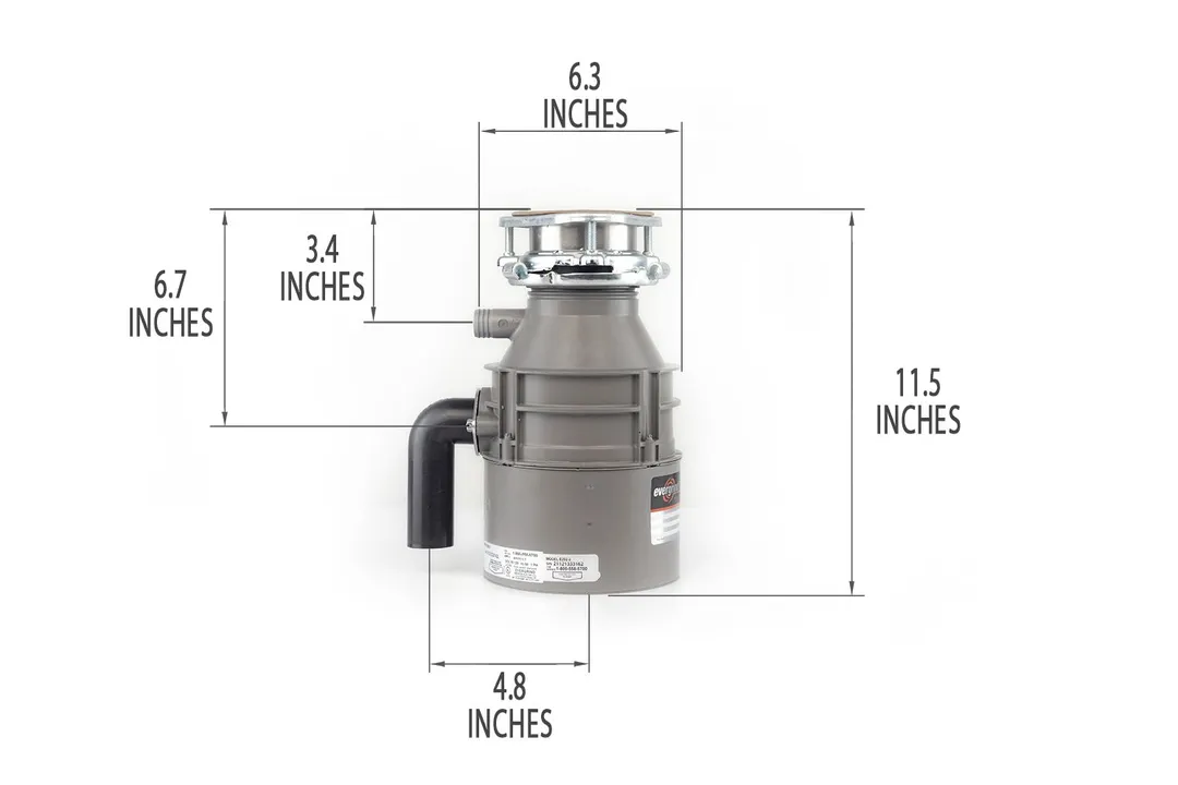 Emerson Evergrind E202 with mount assembly and elbow tube. Showing 6.3-inch width, 11.5-inch height, 3.5-inch depth to dishwasher outlet, 6.6-inch depth to outlet, 4.8-inch distance to elbow tube.