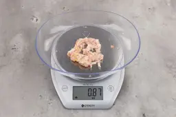 0.87 ounces of ground chicken scraps from garbage disposal, displayed on digital scale, placed on granite-looking table. Mess of shredded tissues and shredded bones.
