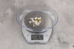 0.15 ounces of ground products from a garbage disposal, displayed on digital scale, placed on a granite-looking table. Shredded pieces of fish backbone and lemon peels.