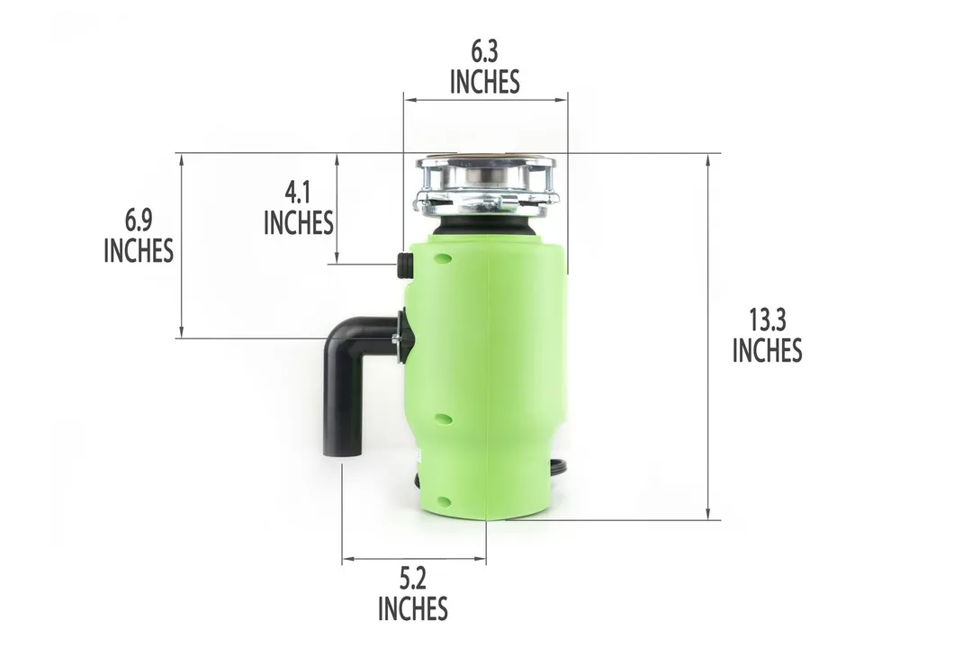 GE Disposall Green 1/2-HP Garbage Disposal food disposer with mount assembly and elbow tube. Dimensions show 6.3-inch width, 13.3-inch height, 4.1-inch depth to dishwasher outlet, 6.9-inch depth to outlet, 5.2-inch distance to elbow tube.