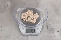 1.75 ounces of ground fish scraps from garbage disposal, displayed on digital scale, placed on granite-looking table. Mess of assorted shredded bones and raw fibrous tissue.