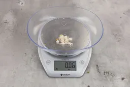 0.06 ounces of ground products from garbage disposal, displayed on digital scale, placed on granite-looking table. Shredded fish vertebrae and pieces of dietary fiber.