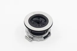 EZ Mount assembly for garbage disposals with splash guard on white platform, GE logo and “Disposall” engravings on rim.