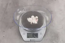 0.48 ounces of ground chicken scraps from garbage disposal, displayed on digital scale, placed on granite-looking table. Mess of soft tissue and crushed cartilage.