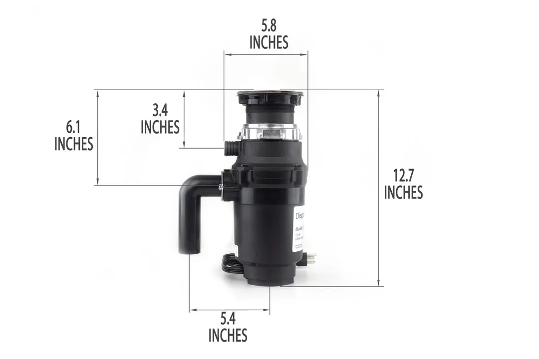 GE GFC525N 1/2 HP Garbage Disposal with mount assembly and elbow tube. Dimensions show 5.8-inch width, 12.7-inch height, 4.1-inch depth to dishwasher outlet, 6.1-inch depth to outlet, 5.4-inch distance to elbow tube.