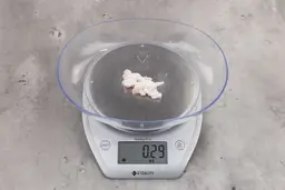 0.29 ounces of ground chicken scraps from a garbage disposal, displayed on digital scale, placed on granite-looking table. Mess of soft tissue and pieces of shredded cartilage.