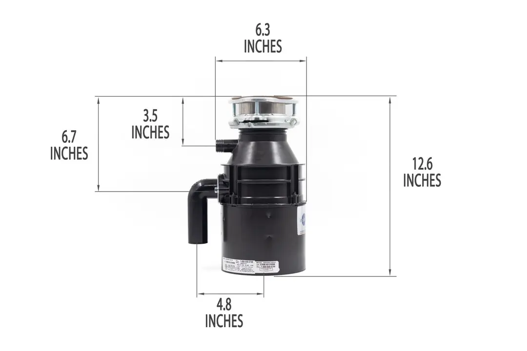 Badger 5XP with mount assembly and elbow tube. Showing 6.3-inch width, 12.6-inch height, 3.5-inch depth to dishwasher outlet, 6.6-inch depth to outlet, 4.8-inch distance to elbow tube.