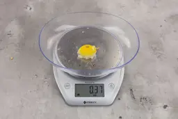0.37-ounce piece of lemon peel from garbage disposal on digital scale on granite-looking table