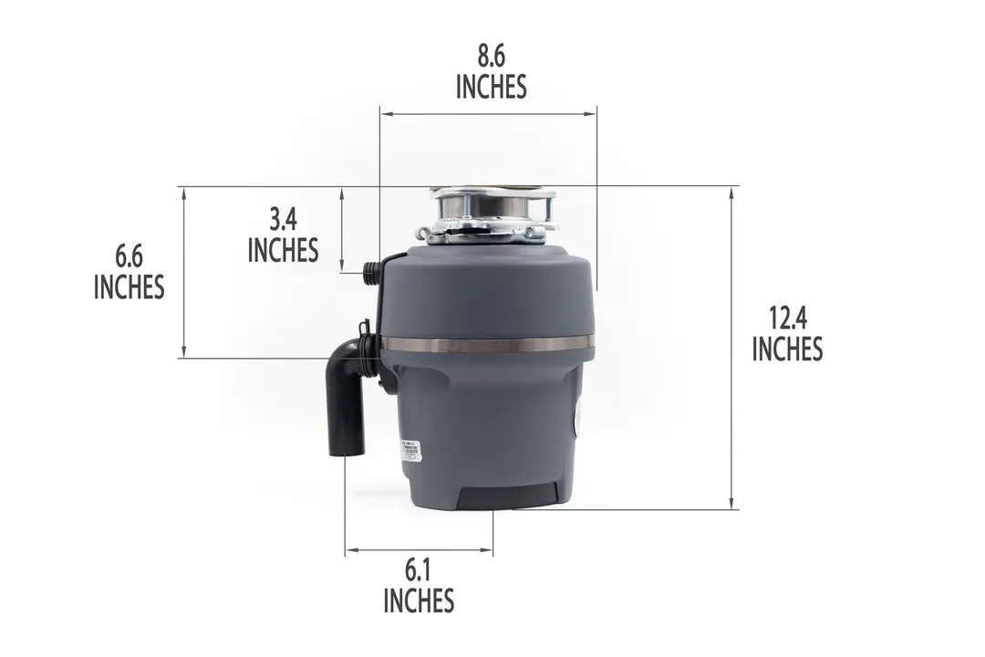 InSinkErator Evolution Compact 3/4-hp food disposer with mount assembly and elbow tube. Dimensions show 8.6-inch width, 12.4-inch height, 3.4-inch depth to dishwasher outlet, 6.6-inch depth to outlet, 6.1-inch distance to elbow tube.