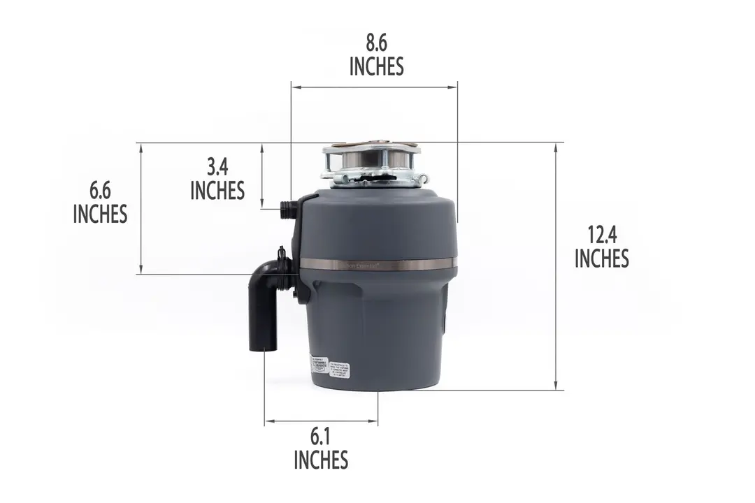 InSinkErator Evolution Essential XTR 3/4-hp food disposer with mount assembly and elbow tube. Dimensions show 8.6-inch width, 12.4-inch height, 3.4-inch depth to dishwasher outlet, 6.6-inch depth to outlet, 6.1-inch distance to elbow tube.