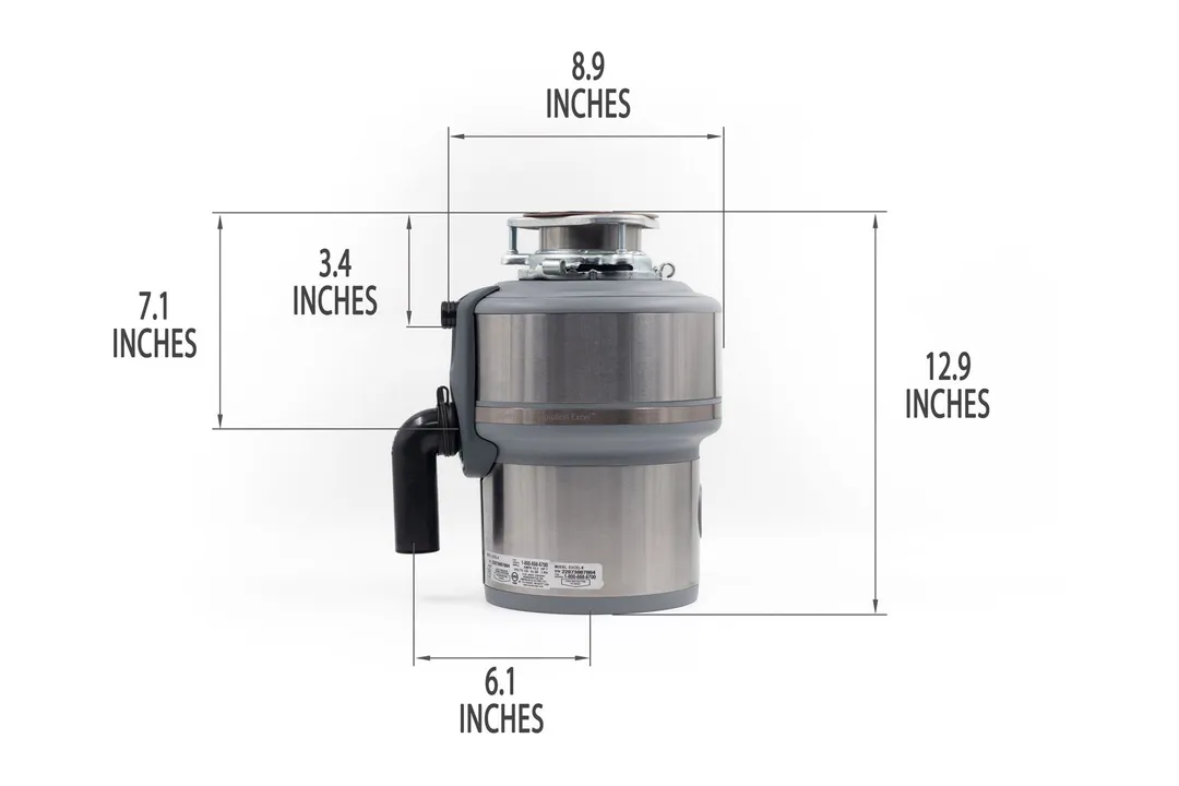 InSinkErator Evolution Excel 1-hp food disposer with mount assembly and elbow tube. Dimensions show 8.9-inch width, 12.9-inch height, 3.4-inch depth to dishwasher outlet, 7.1-inch depth to outlet, 6.1-inch distance to elbow tube.