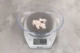 0.68 ounces of ground chicken scraps from garbage disposal, displayed on digital scale, placed on a granite-looking table. Mess of shredded soft tissue and few pieces of shredded bones.