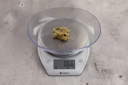 0.66 ounces of ground products from a garbage disposal, displayed on a digital scale, placed on a granite-looking table. Visible fish pin bones in a mess of assorted scraps.