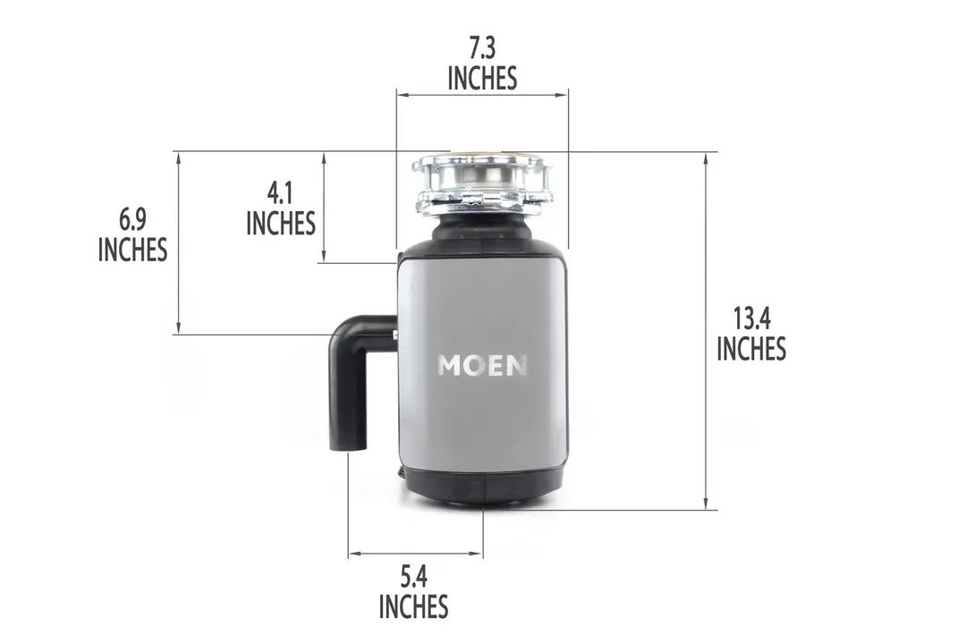 Moen GX50C 1/2 HP Garbage Disposal with mount assembly and elbow tube. Dimensions show 7.3-inch width, 13.3-inch height, 3.4-inch depth to dishwasher outlet, 6.9-inch depth to outlet, 5.4-inch distance to elbow tube.