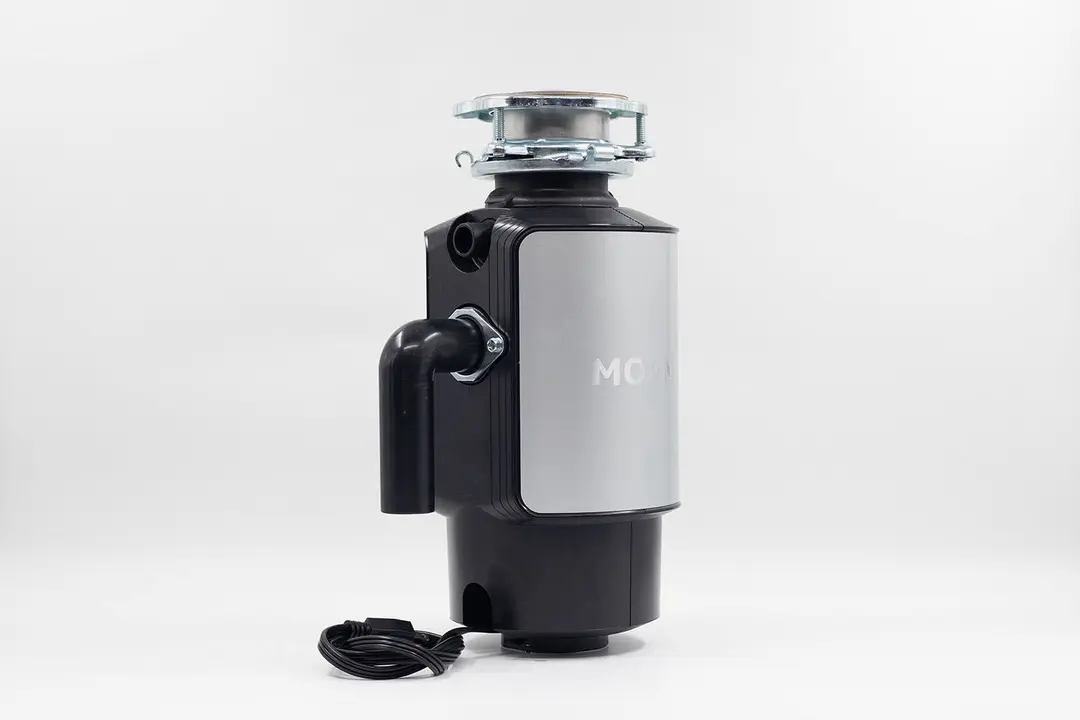 Moen Chef Series 1 HP Garbage Disposal, with 3-Bolt Mount assembly on top and outlet/discharge set in place.