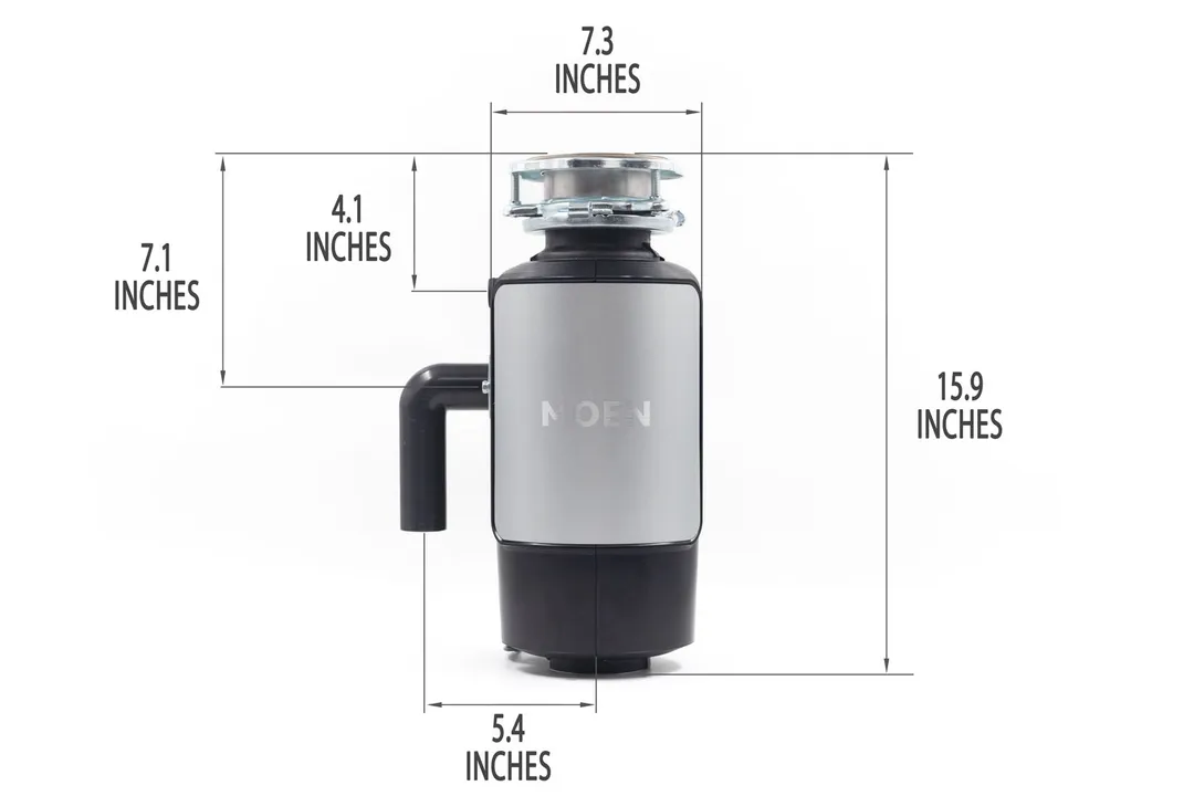 Moen GX100C with mount assembly and elbow tube. Showing 7.4-inch width, 13.4-inch height, 4.1-inch depth to dishwasher outlet, 7-inch depth to outlet, 5.4-inch distance to elbow tube.