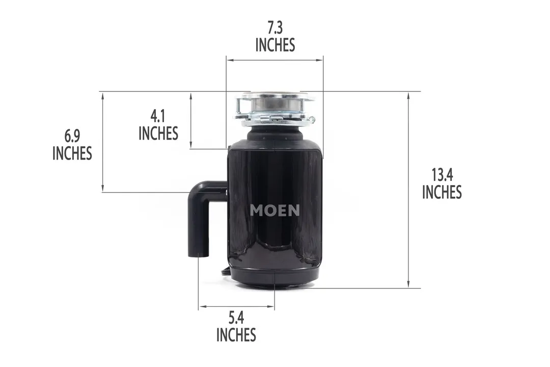 Moen GXS75C with mount assembly and elbow tube. Showing 7.4-inch width, 13.4-inch height, 4.1-inch depth to dishwasher outlet, 6.9-inch depth to outlet, 5.4-inch distance to elbow tube.