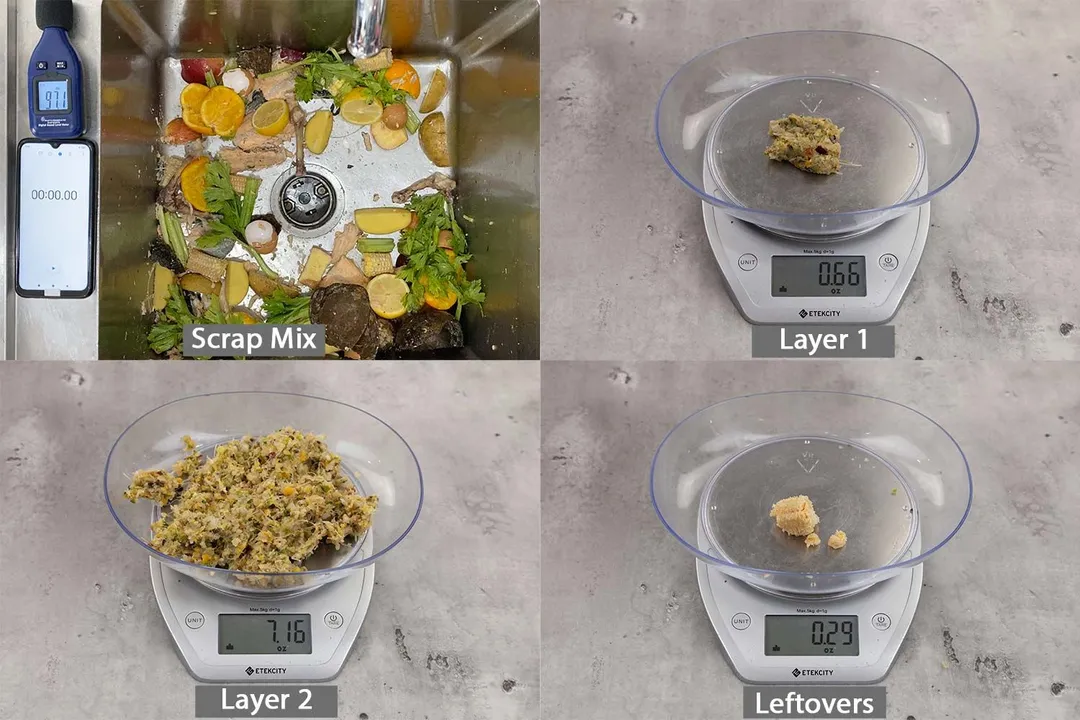 Top view of our garbage disposal tests and the collected ground materials from the Scrap Mix test. Scrap mix includes lemons, celery, potatoes, cooked bones, etc.