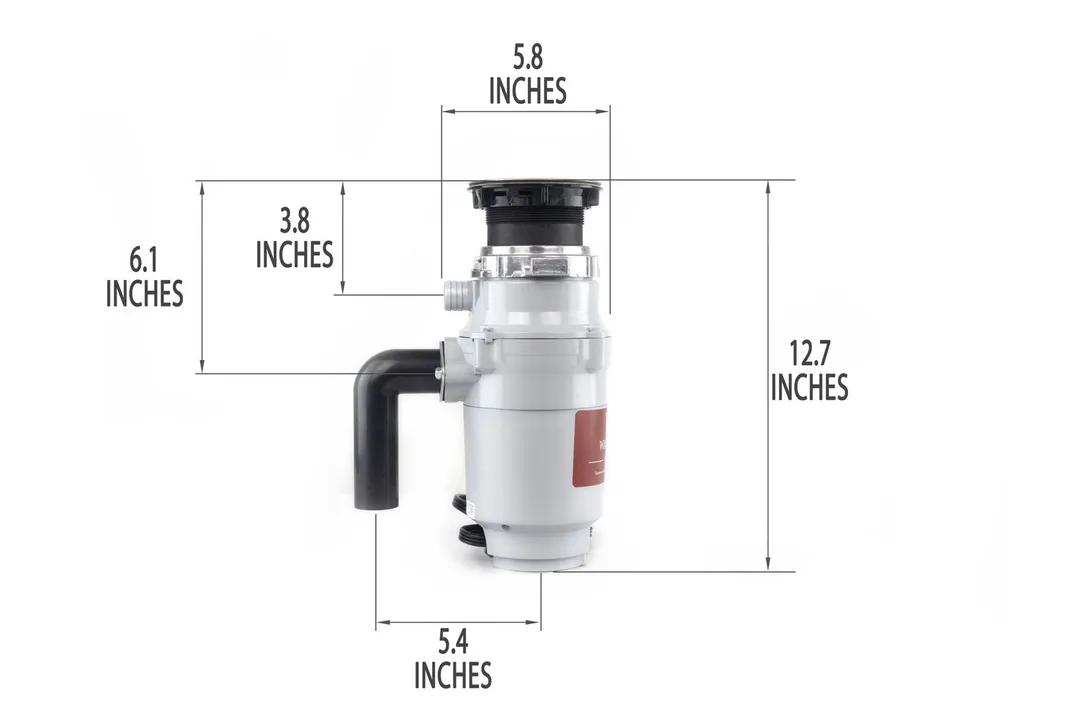 Waste King L1001 1/2 HP Garbage Disposal with mount assembly and elbow tube. Dimensions show 5.8-inch width, 12.7-inch height, 3.3-inch depth to dishwasher outlet, 6.1-inch depth to outlet, 5.4-inch distance to elbow tube.