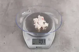 0.91 ounces of shredded soft stringy tissue and cartilage from chicken scraps, on digital scale, on granite-looking top.
