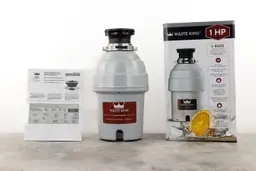Waste King Legend Series L-8000 1-HP Continuous Feed Garbage Disposal, EZ Mount assembly on top, its box, user manual.