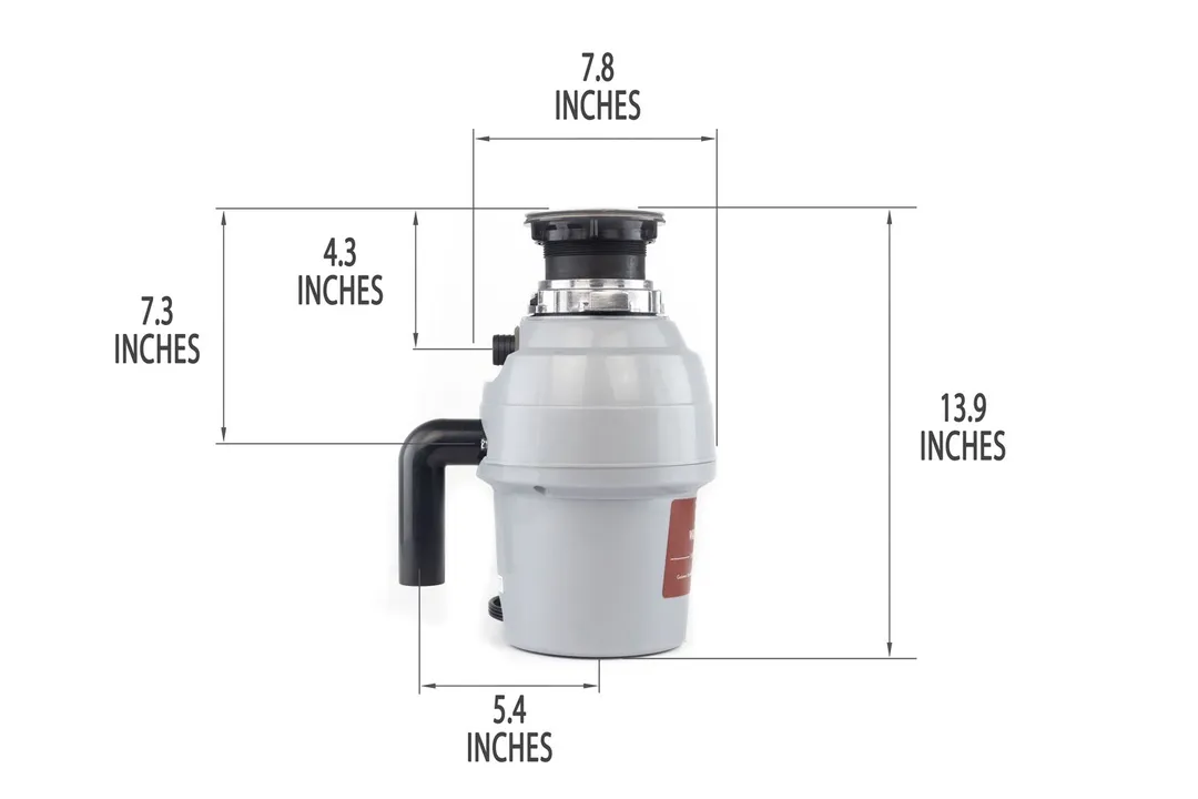 Waste King 3/4-hp food waste disposer with mount assembly and elbow tube. Showing 7.8-inch width, 13.9-inch height, 4.3-inch depth to dishwasher outlet, 7.3-inch depth to outlet, 5.4-inch distance to elbow tube.