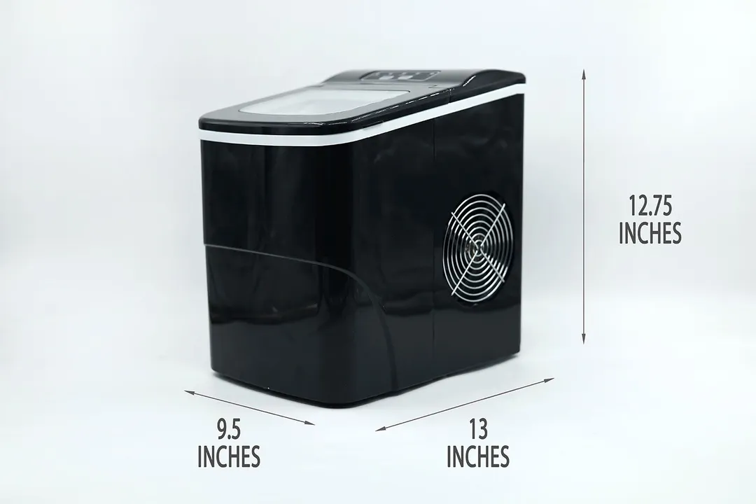 AGLucky Ice Maker HZB-12/B against a white background with annotations showing 9.5 inches in length, 12.75 inches height, and 13 inches depth.