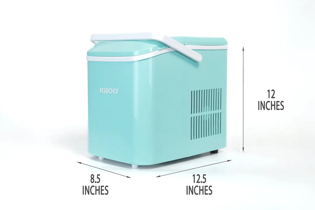 An annotated picture showing the dimensions of the Igloo ice maker as 8.5 inches across, 12.5 inches deep, and 12 inches high. 