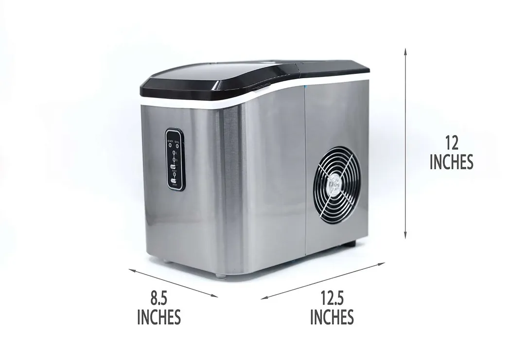 The EUmony portable ice maker against a white background with annotations showing length 12.5, width 8.5, and height 12 inches.