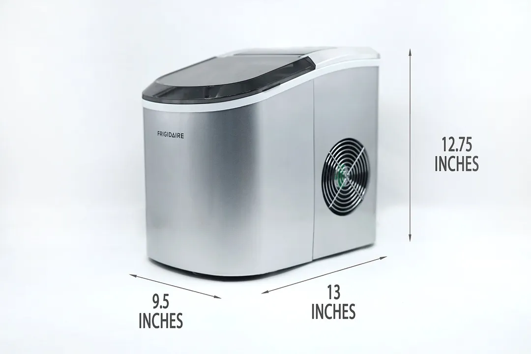 The Frigidaire EFIC189 countertop portable bullet ice maker against a white background with annotations showing the dimensions of 12.75 inches height, 13 inches depth, and 9.5 inches width.