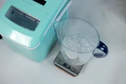 Ice from a countertop ice maker in a jug weighing some 484 grams
