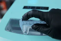 An ice bullet being measured showing a thickness of 5 mm.