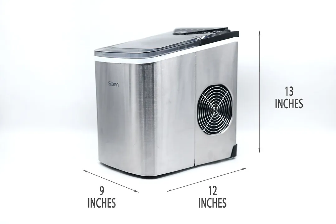The Silonn countertop ice maker set against a white background with annotations showing 9 inches width, 12 inches depth, and 13 inches height.