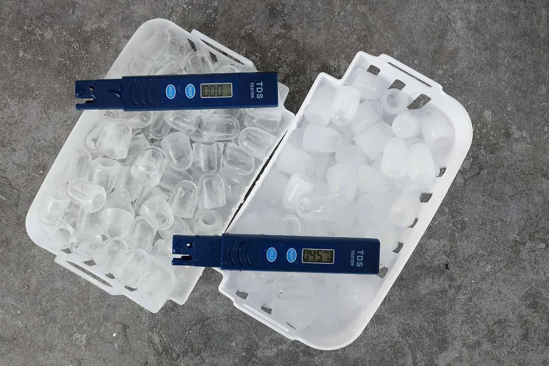On the left is a basket of ice from a countertop bullet ice maker made with zero TDS water and on the right is ice made from tap water of 45 ppm.