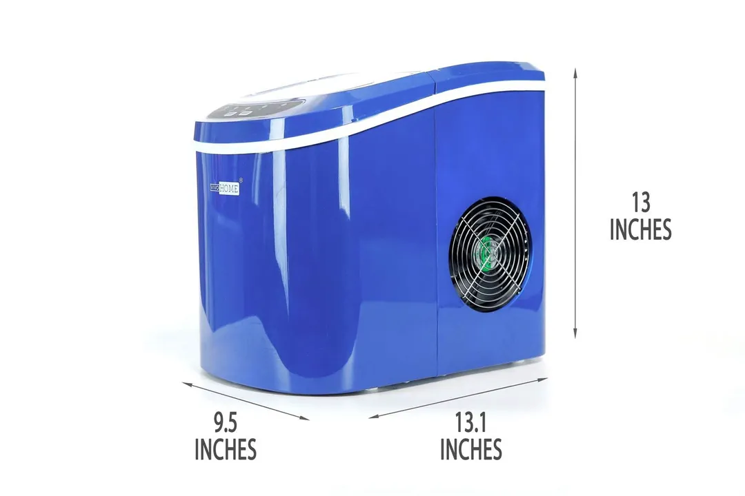 An annotated picture of the Vivo Home countertop ice maker showing dimensions of width 9.5 inches, depth 13.1 inches, and height 131 inches.