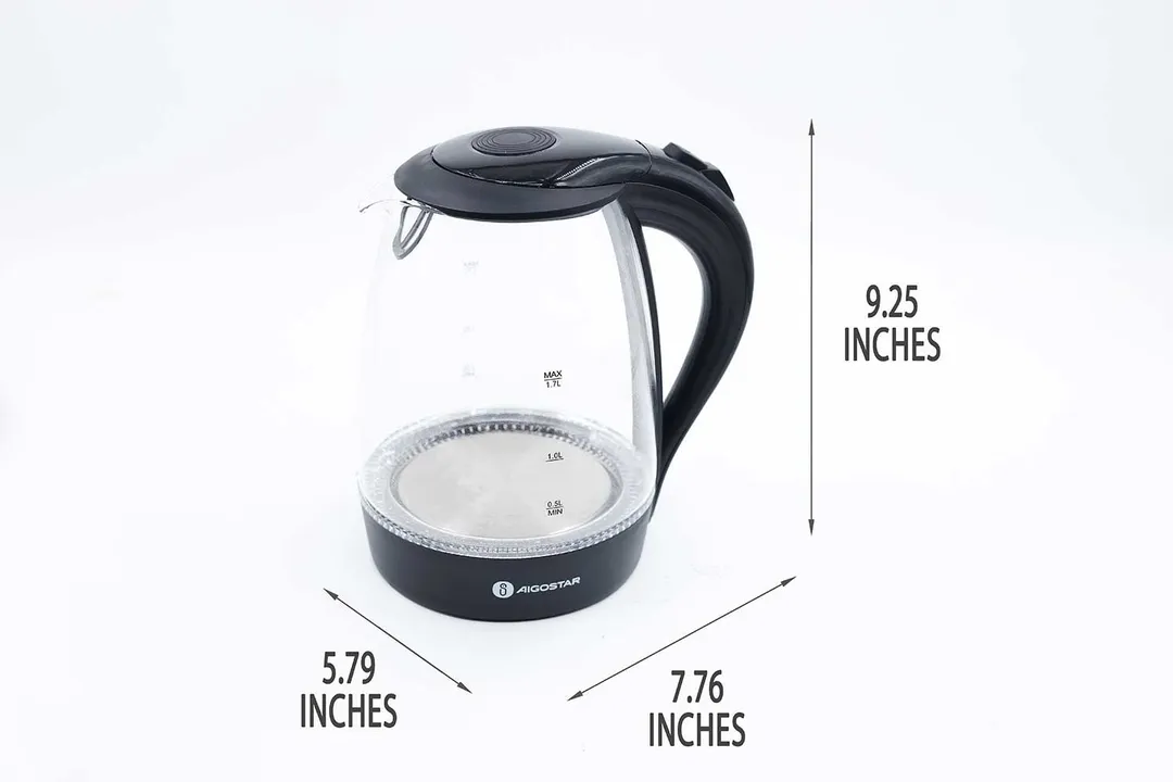 The Aigostar Electric Kettle 300104LCB is 7.76 inches in length, 5.79 inches in width, and 9.25 inches in height.
