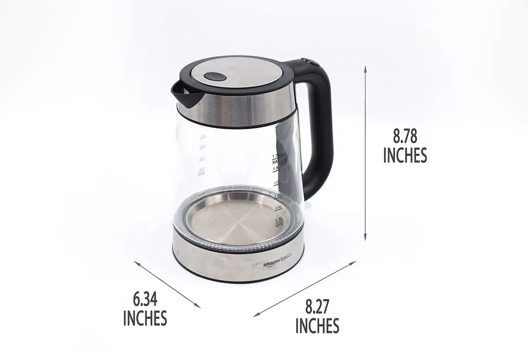 The Amazon Basics Electric Glass and Steel Kettle (F-625C) is 8.27 inches in length, 6.34 inches in width, and 8.78 inches in height.