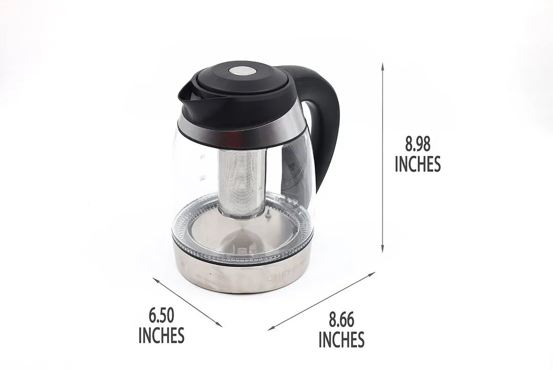 The Chefman Electric Kettle with Temperature Control (RJ11-17-CTI-RL) is 8.66 inches in length, 6.50 inches in width, and 8.98 inches in height.