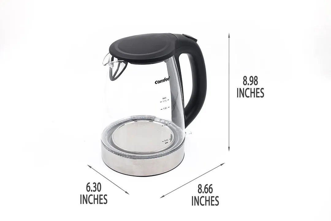 The Comfee Glass Electric Kettle (CEKG003) is 8.66 inches in length, 6.30 inches in width, and 9.45 inches in height.