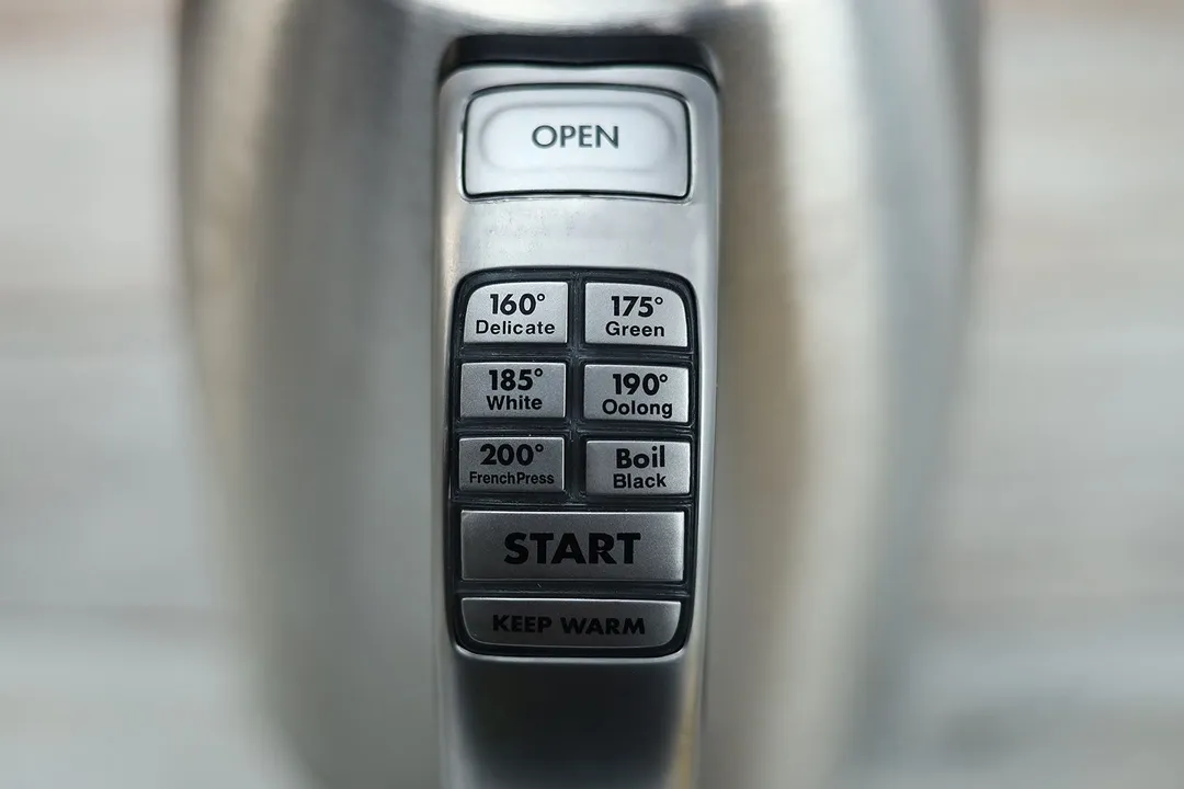 The control panel on the handle of the Cuisinart Stainless Steel Electric Kettle with 6 Preset Temperatures (CPK-17P1 PerfecTemp) has nine buttons: OPEN, Delicate tea, Green tea, White tea, Oolong tea, French Press, Black tea, START, and KEEP WARM.