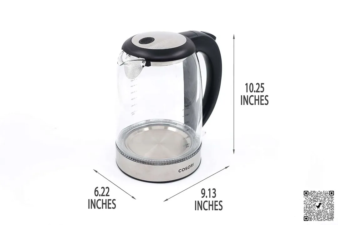 The Cosori Glass Electric Kettle (GK172-CO) is 9.13 inches in length, 6.22 inches in width, and 10.25 inches in height.