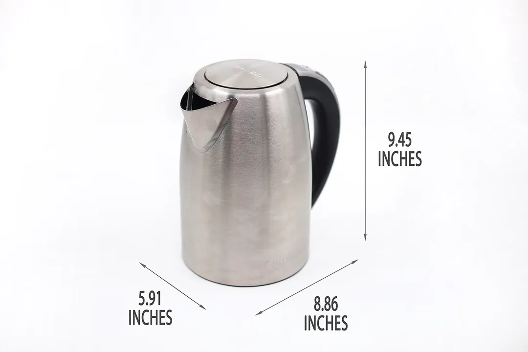 The Cuisinart Stainless Steel Electric Kettle with 6 Preset Temperatures (CPK-17P1 PerfecTemp) is 8.86 inches in length, 5.91 inches in width, and 9.45 inches in height.