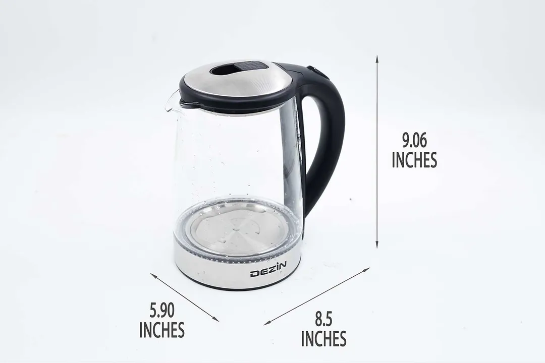 The Dezin Electric Glass Kettle DZ380 is 8.50 inches in length, 5.90 inches in width, and 9.06 inches in height.