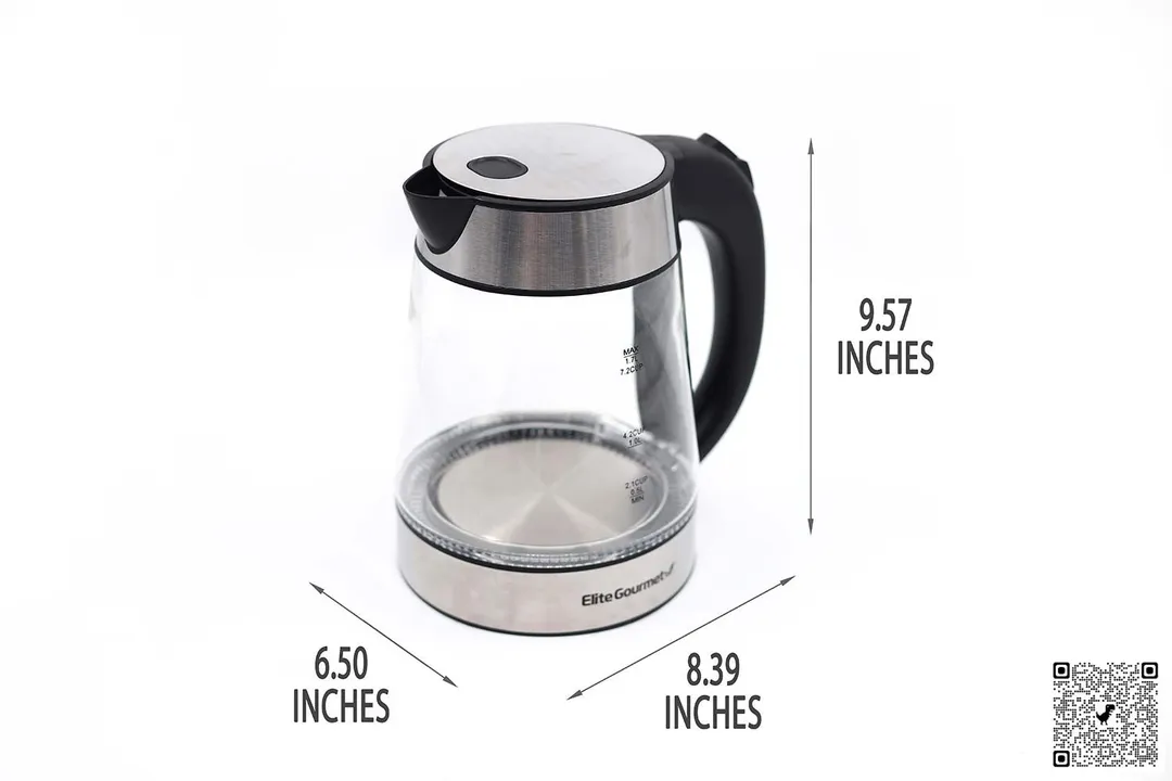 The Elite Gourmet Electric Glass Kettle (EKT-602) is 8.39 inches in length, 6.50 inches in width, and 9.57 inches in height.