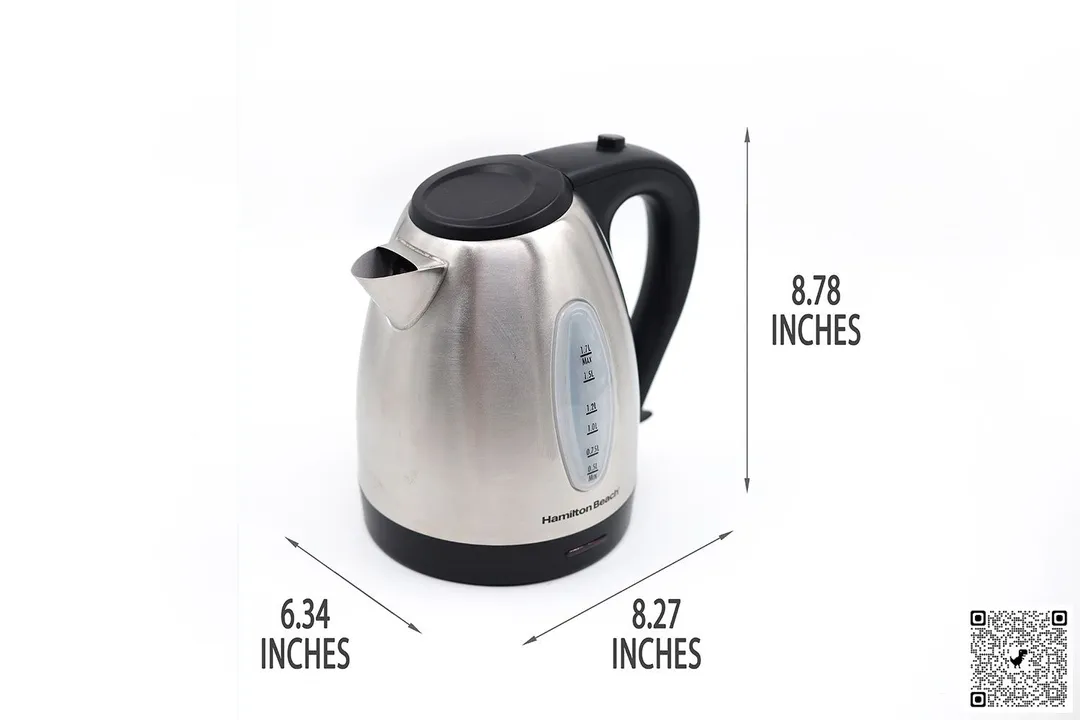 The Hamilton Beach Electric Kettle (40880) is 8.27 inches in length, 6.34 inches in width, and 8.78 inches in height.