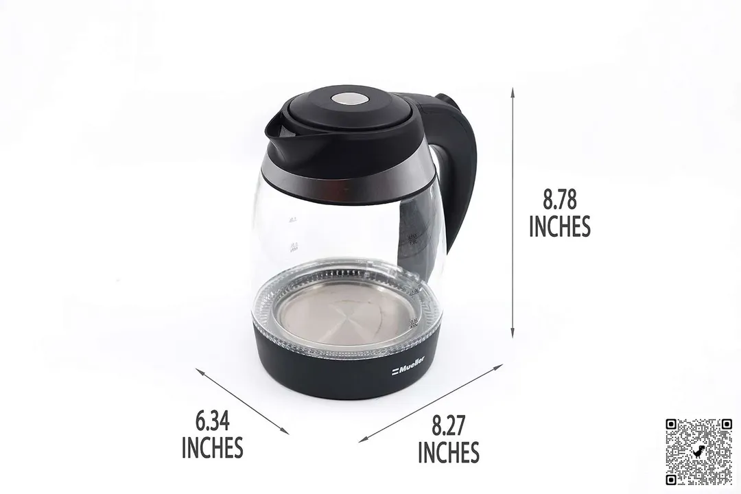 The Mueller Ultra Electric Kettle (M99S) is 8.27 inches in length, 6.34 inches in width, and 8.78 inches in height.