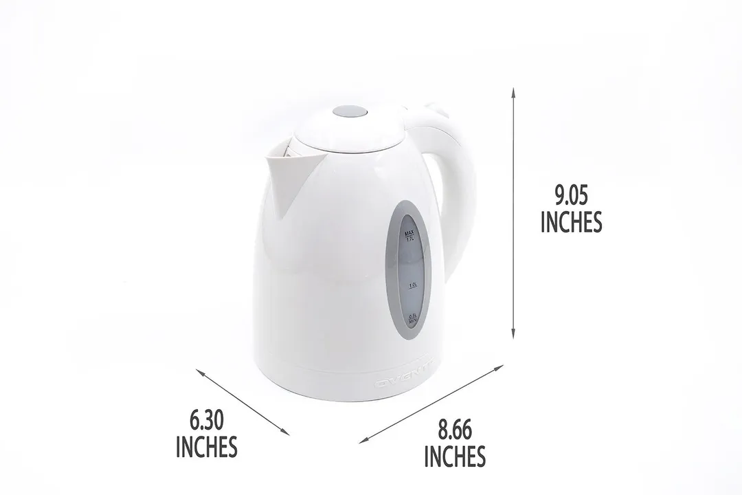 The Ovente Electric Kettle KP72W  is 8.66 inches in length, 6.30 inches in width, and 9.05 inches in height.