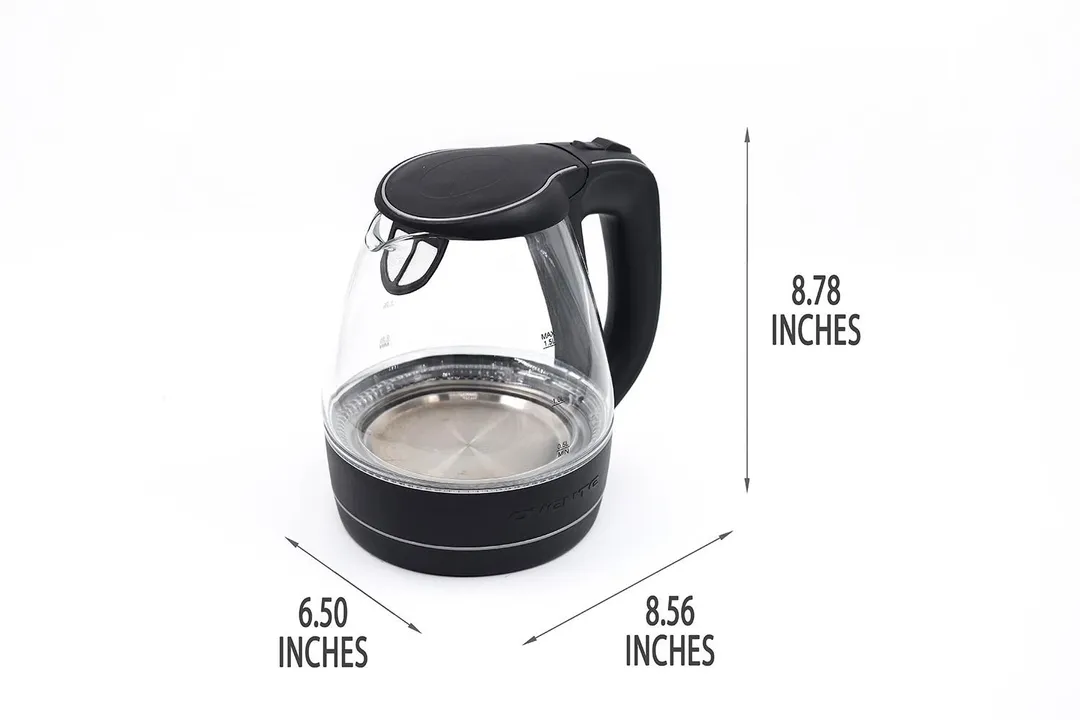 The Ovente Electric Glass Kettle (KG83B) is 8.56 inches in length, 6.50 inches in width, and 8.78 inches in height.